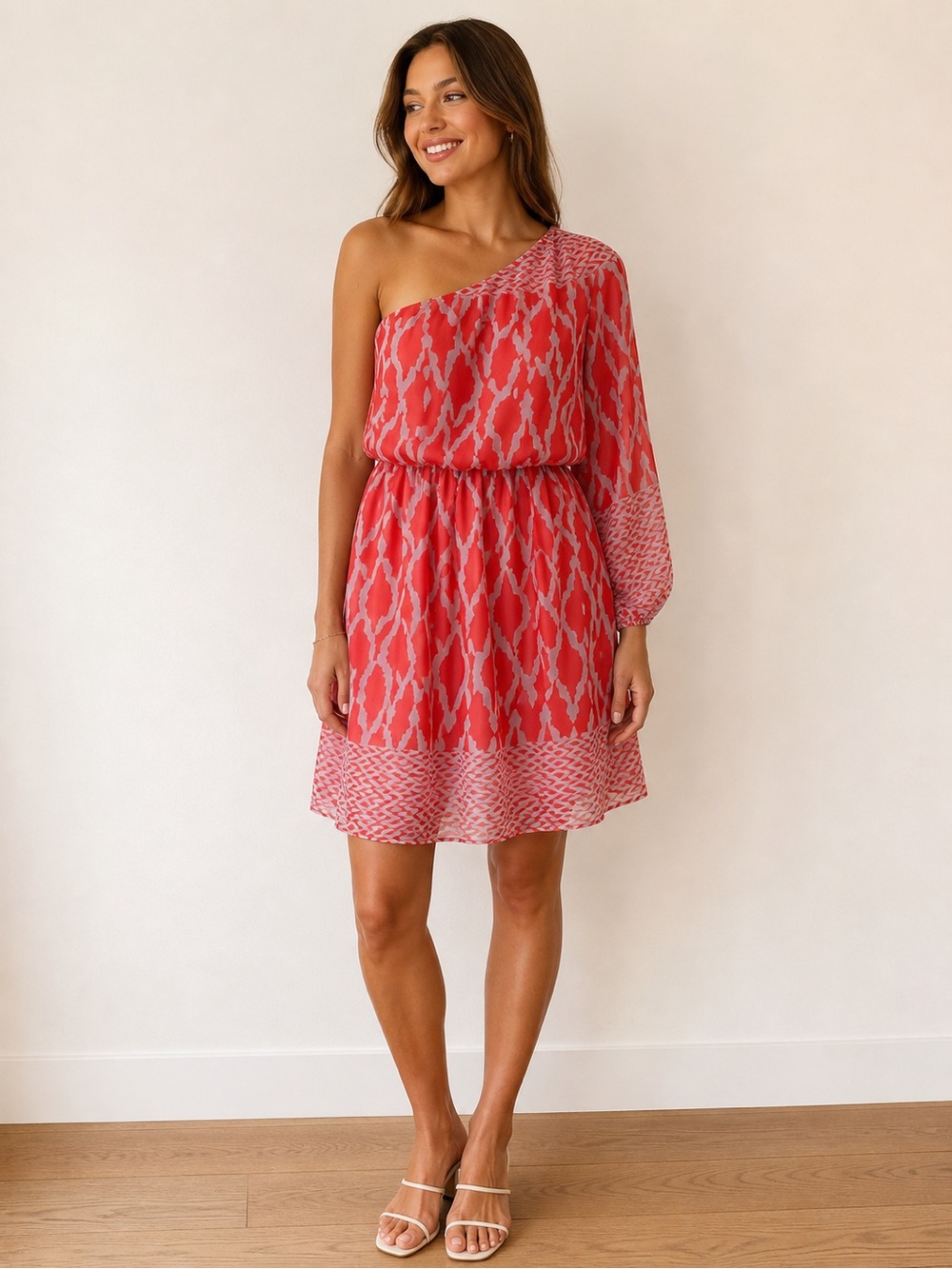 Karlie Coral One-Shoulder Printed Dress